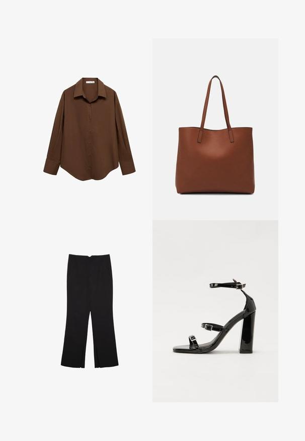 Mango Button-down blouse - brown; Black trousers with a straight fit, featuring front pockets and side slits at the hem. Made of soft, smooth fabric. Suitable for various occasions.; Black patent heeled sandals with a square toe, ankle straps, and silver buckles. Features a chunky block heel for stability.; Brown leather tote bag with a smooth texture, open top design, and two shoulder straps. Features minimal stitching and no visible hardware.