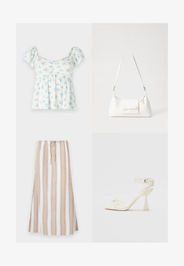 Fehér, rövid ujjú top világoskék és zöld virágmintával, gyűrűs melltartó résszel és laza fazonnal.; Csíkos szoknya fehér és világosbarna színekben, húzózsinóros derékkal és hosszú, bájos ráncolással. Könnyű anyagból készült, laza szabással.; Fehér bőr, pántos, magas sarkú szandál, letisztult limezéssel, átlátszó blokk sarkakkal és díszítő elemmel a lábujjaknál.; Fehér szintetikus kézitáska, háromszög alakú, lapos előlap, masni részlettel, állítható pánttal, sima textúrával és minimalista dizájnnal.