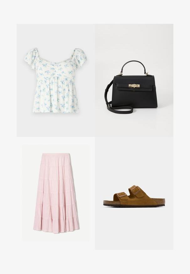 White short-sleeve top featuring a floral pattern in light blue and green, with a gathered bust detail and a relaxed fit.; Light pink, tiered maxi skirt made of a textured, lightweight fabric. Elastic waistband and flowing hem with ruffled accents.; Brown suede slide sandal with two adjustable straps, cork footbed, and a textured rubber sole. Minimalist design with no additional embellishments.; Black leather handbag with a structured design, top handle, detachable shoulder strap, and gold-toned hardware. Features a front clasp closure.