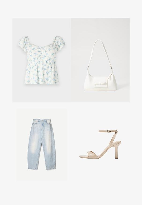 Top bianco a maniche corte con motivo floreale in azzurro chiaro e verde, con dettaglio di scollatura arricciata e vestibilità rilassata.; Jeans in denim azzurro chiaro con una vestibilità ampia, caratterizzati da una finitura sbiadita, due tasche frontali e una chiusura con bottone in vita.; Sandal in pelle verniciata nuda con tacco alto, cinturino sottile alla caviglia e fibbia circolare, design con punta aperta e tacco a stiletto slanciato.; Borsa sintetica bianca a forma triangolare, con patta anteriore piatta e dettaglio a fiocco, tracolla regolabile, texture liscia e design minimalista.