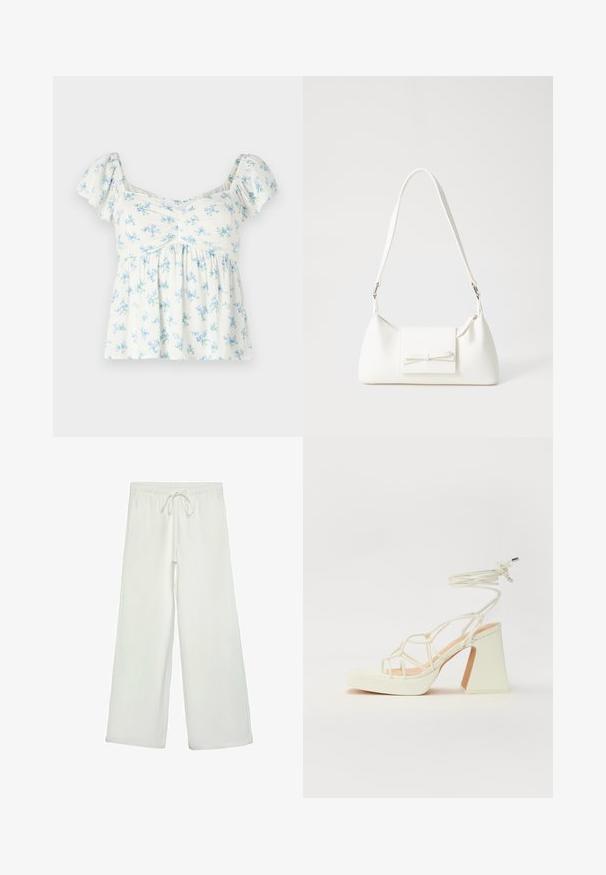 Biała bluzka z krótkim rękawem z kwiatowym wzorem w jasnym niebieskim i zielonym kolorze, z marszczonym dekoltem i luźnym krojem.; Białe spodnie o szerokich nogawkach wykonane z miękkiego materiału. Posiadają elastyczny pas ze sznurkiem i gładką teksturę. Brak widocznych wzorów lub elementów metalowych.; Biała sandał na wysokim obcasie z masywnym słupkiem, z paskowym wzorem i wiązaniem przy kostce. Gładka faktura z platformą z przodu dla dodatkowej wysokości.; Biała syntetyczna torba o trójkątnym kształcie, płaskim przednim klapce i detalach w postaci kokardy, regulowanym pasku, gładkiej fakturze oraz minimalistycznym designie.