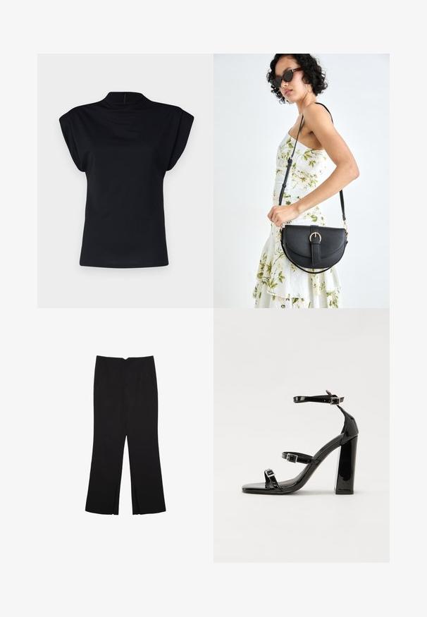 Vero Moda Tall VMWILLOW czarny; Czarne spodnie o prostym kroju, z przednimi kieszeniami i bocznymi rozcięciami na dole. Wykonane z miękkiego, gładkiego materiału. Odpowiednie na różne okazje.; Czarne lakierowane sandały na obcasie z kwadratowym noskiem, z paskami wokół kostki i srebrnymi klamrami. Posiadają masywny słupek dla stabilności.; Czarna skórzana torebka o zakrzywionym kształcie, z odpinanym paskiem i złotymi akcentami. Torebka posiada klapę z zapięciem w kształcie klamry.
