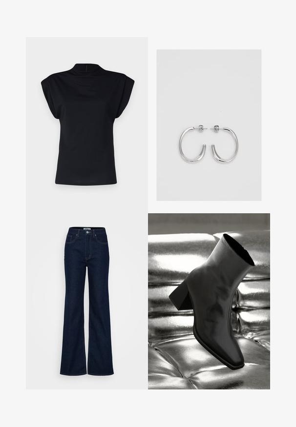 Vero Moda Tall VMWILLOW - Palaidinė - black; ONLY Tall ONLJUICY WIDE RINSE - Platėjantys džinsai - dark blue denim; Juodos kulkšnies botai, pagaminti iš blizgaus medžiagos, su kvadratine padu ir siauru kulnu, prieš blizgiai sidabrinį pūsto audinio foną.; Sidabrinės auskarai žiedai su lygiu, blizgiu paviršiumi. Suapvalinta forma, lengvas dizainas, su uždarymu ant smeigtuko.