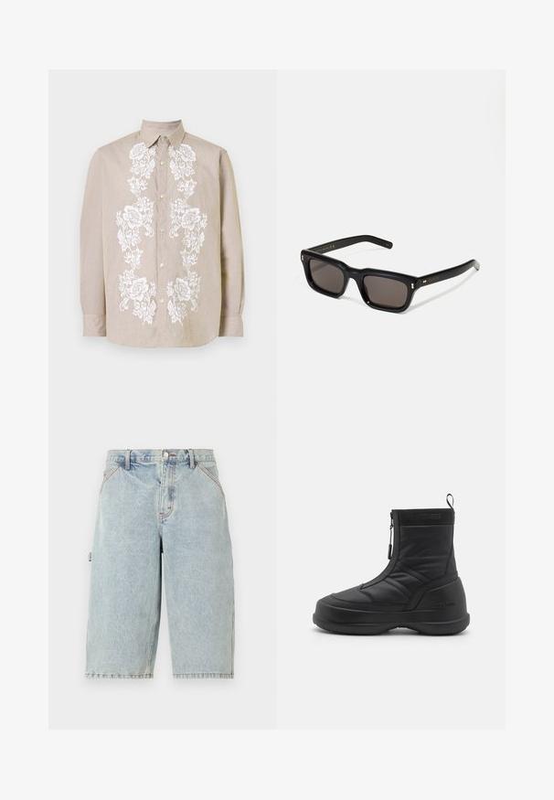 Cămașă bej deschis cu broderie florală albă pe partea din față. Are un guler clasic și mâneci lungi cu manșete cu nasturi.; Noon Goons RUNAWAY - Pantaloni scurți din denim - washed blue; Cizmă de zăpadă impermeabilă neagră, cu un partea superioară din sintetic neted, închidere cu fermoar, guler căptușit și talpă din cauciuc texturat. Accentuată cu branding-ul "MOON BOOT".; Ochelari de soare negri, rectangul care au lentile întunecate, ramă din plastic gros, accente aurii pe brațe și logo-ul brandului gravat pe mâner.