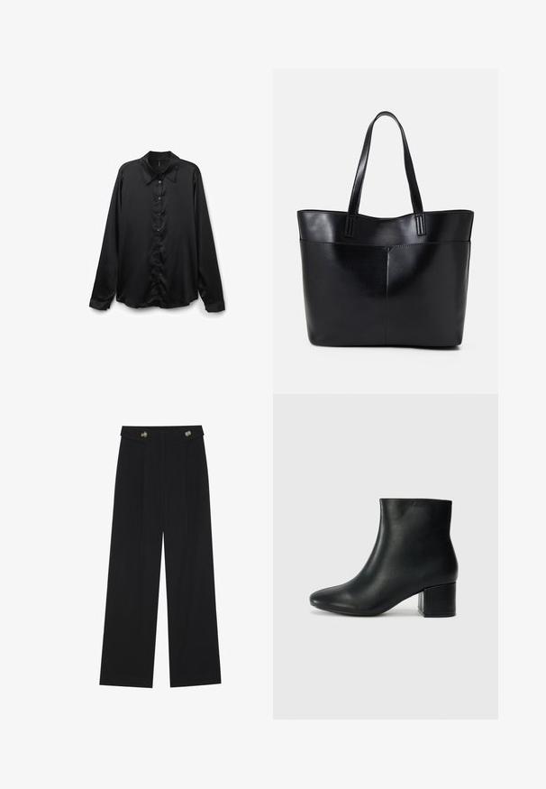 Svart satin långärmad skjorta med klassisk krage, knappstängning, och slät textur med avslappnad passform.; Svarta vida byxor med hög midja, knäppdetaljer i midjan och framfickor.; Svarta läderankelstövlar med spetsig tå och kraftig klack. Slät textur med minimala accenter och en stilren, åtsittande design.; Svart läder tote-väska med två långa handtag, en slät yta och en strukturerad form. Har en framficka för extra förvaring.