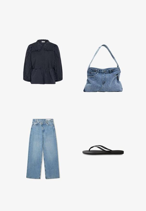 Marine gestreepte blouse met een brede kraag, ruches en ballonmouwen. Heeft verticale witte streepjes en een getailleerde taille.; Lichtblauwe wijde jeans van denim, met een hoge taille, vijf zakken, knoopsluiting en subtiele vervaging voor textuur.; Zwarte flip-flop met een gestructureerde rubberen zool, twee slanke banden en een subtiele, ingedrukte logo-detail op de band.; Denim schoudertas met een gebogen hengsel, twee voorzakken en een knoopsluiting aan de bovenkant, met lichtblauwe stof en contrasterende stiksels.