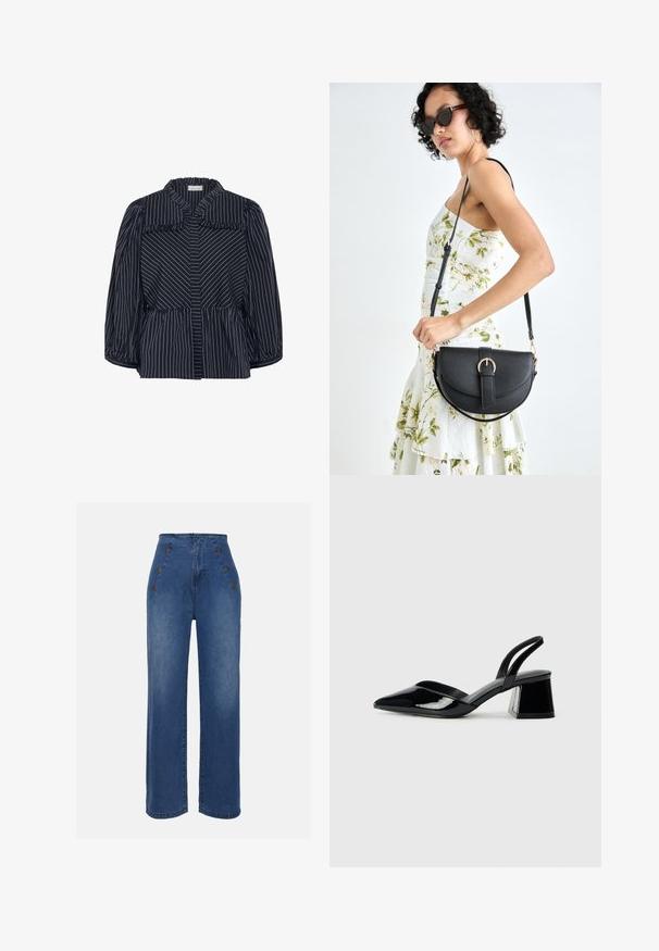 Marinebluse mit breitem Kragen, gefransten Kanten und Ballonärmeln. Sie hat vertikale weiße Nadelstreifen und eine taillierte Passform.; Hochgeschnittene Jeans aus Denim in mittlerem Blau. Besitzt auffällige Knopfdetails vorne und einen weit geschnittenen Stil. Der Stoff hat eine glatte Textur mit leichten Ausbleichungen.; Schwarze Lackleder-Slingback-High Heels mit spitzem Schuh und einem geometrischen Blockabsatz. Verfügt über ein schlankes, minimalistisches Design und eine glatte Textur.; Schwarze Lederhandtasche mit geschwungener Form, abnehmbarem Tragegurt und goldenen Beschlägen. Die Tasche verfügt über einen Deckel mit einer Schnallen-Details.