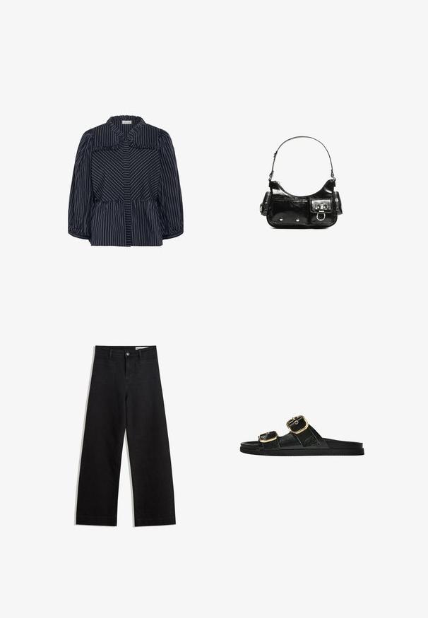 Tengeréscsíkos blúz széles gallérral, ráncolt szélekkel és ballon ujjakkal. Jellemzője a függőleges fehér csíkos dizájn és a karcsúsított derékvonal.; Fekete, bő szabású farmernadrág magas derékkal, elülső és hátsó zsebekkel, varrott felületekkel és gombos záródással. Sima textúra.; Fekete csúszó szandál, két arany csattal, sima textúrájú anyagból, lapos talppal és minimalista dizájnnal.; Fekete lakkbőr kézitáska ívelt formával, egy vállpánttal, elülső zsebekkel és ezüstszínű fémrészletekkel.