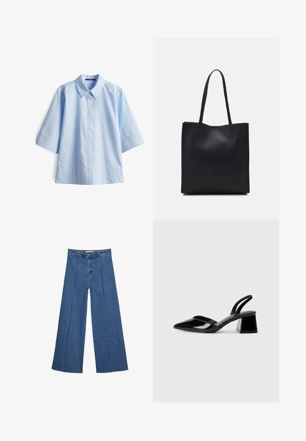 Hellblaues Kurzarm-Hemd mit Kragen aus glattem Stoff, gerade geschnitten und mit einer Frontknopfleiste in sauberer Verarbeitung.; Weite Jeans aus Denim in Mittelblau, mit hoher Taille, Knopfverschluss und kontrastierenden vertikalen Nahtdetails an der Vorderseite.; Schwarze Lackleder-Slingback-High Heels mit spitzem Schuh und einem geometrischen Blockabsatz. Verfügt über ein schlankes, minimalistisches Design und eine glatte Textur.; Schwarze Laptoptasche aus Leder mit glatter Textur, rechteckiger Form und zwei langen Griffen. Keine sichtbaren Beschläge oder Verzierungen.