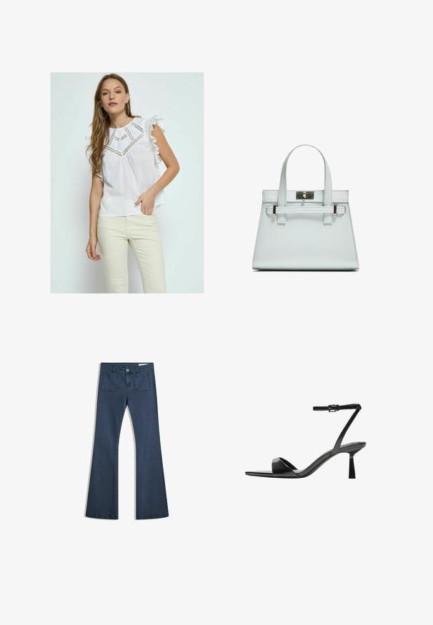 Desires MATINE FRILL SLEEVE - Bluza - white; Temno modri široki kavbojke iz denima s prišitimi žepi, gumbom za zapiranje in gladko teksturo. Imajo klasičen dizajn s petimi žepi.; Bershka Sandali z visoko peto - black; Svetlo modra torbica z oblikovano zasnovo, dvema ročkama in kljuko iz srebrno-toniranega materiala. Teksturni material in ostri koti.