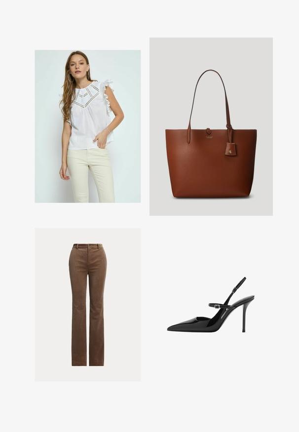 Desires MATINE FRILL SLEEVE - Camicetta - white; Pantaloni in corduroy marrone con design a gamba dritta, dotati di passanti per cintura, tasche anteriori e una delicata rigatura verticale per texture.; Slingback in vernice nera con tacco a stiletto, punta affusolata e cinturino regolabile. Superficie liscia con finitura lucida.; Borsa tote in pelle marrone a granuli con due manici, un piccolo tag attaccato e un logo discreto nella parte anteriore. Texture liscia con forma strutturata.