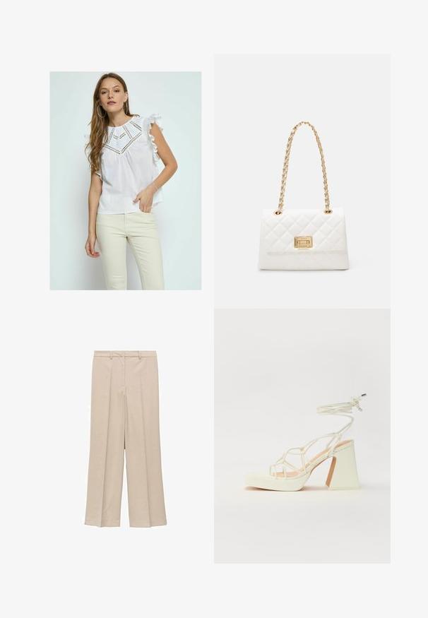 Desires MATINE FRILL SLEEVE - Blúzka - white; Svetlo béžové široké nohavice s hladkou textúrou, s plisovaným predným dielom a bočnými vreckami, a s priliehavým pásom.; Biele sandále na vysokom opätku s hrubým podpätkom, s pruhovaným dizajnom a viazaním na členku. Hladký povrch s platformou vpredu pre zvýšenú výšku.; Biely prešívaný kabelka s zlatým reťazcom a obdĺžnikovým zámkom. Vyznačuje sa hladkou textúrou a geometrickým prešívaním.