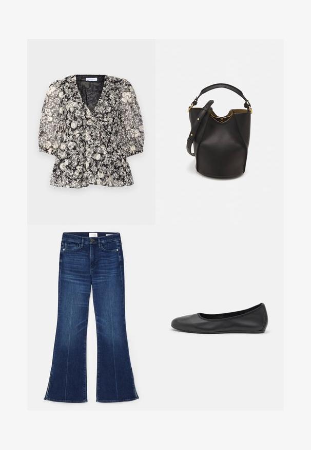 Hofmann Copenhagen FLORA - Palaidinė - black; Tamsiai mėlynos flare tipo džinsai, pagaminti iš džinsinio audinio. Su aukštu liemeniu, priekinėmis kišenėmis ir skeltukais hem'e. Klasikinis penkių kišenėlių dizainas.; Juodai odiniai baletai su apvaliu pirštu, lygi texture, minimalus siuvimo detales ir lanksčiu padų dizainu.; Juodas odinis kibiro tipo krepšys su tekstūruotu paviršiumi, auksiniais detalėmis ir atvira viršūne. Yra trumpa rankena ir reguliuojama petneša.