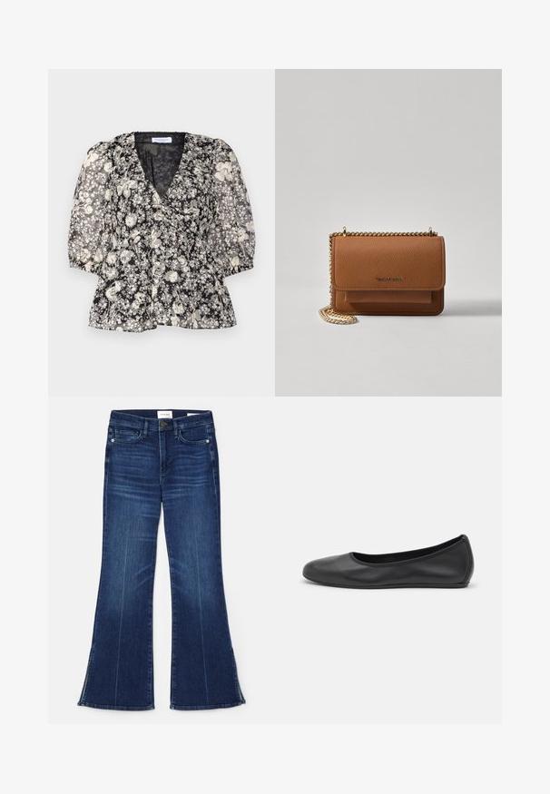 Hofmann Copenhagen FLORA - Bluse - black; Mørkeblå flagrende jeans lavet af denim. Har høj talje, forlommer og splitdetaljer i kanten. Klassisk fem-lomme design.; Sort læderballetsko med rund tå, glat tekstur, minimal syning og et fleksibelt såldesign.; Brun tekstureret læder crossover-taske med guldkæde-rem og klaplukning. Forsiden har logo-detalje og en lomme under klappen.