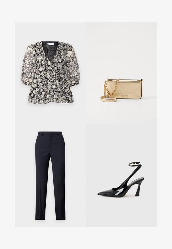 Hofmann Copenhagen FLORA - Palaidinė - black; Jūriniai pritaikyti kelnes su tiesiu kirpimu, turinčios lygų paviršių, dvi priekinės kišenės ir švarus liemuo.; Juodai lakuoti slingback aukšti kulniukai su smailiu nosiu, reguliuojama čiurnos juostele ir vidutinio dydžio blokiniu kulnu. Lygus paviršius su blizgiu apdaila.; Metaliniu auksu padengtas odinis rankinukas su tekstūruotu paviršiumi, kuris turi auksinį grandinėlės dirželį ir nuimamą petį. Įspaustas prekės ženklas.