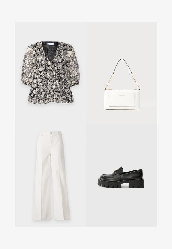 Hofmann Copenhagen FLORA - Blusa - black; Calças largas brancas feitas de algodão com uma textura suave. Apresenta um botão frontal, fecho de correr e um design de quatro bolsos.; Mocassins de couro preto com uma sola robusta, apresentando um detalhe em tom dourado na parte da frente e um acabamento suave. Design de solado com cravos robustos.; Bolsa de mão branca em couro com acabamento texturizado, featuring a corrente dourada e detalhes pretos. Inclui um bolso frontal e fecho com zipper.