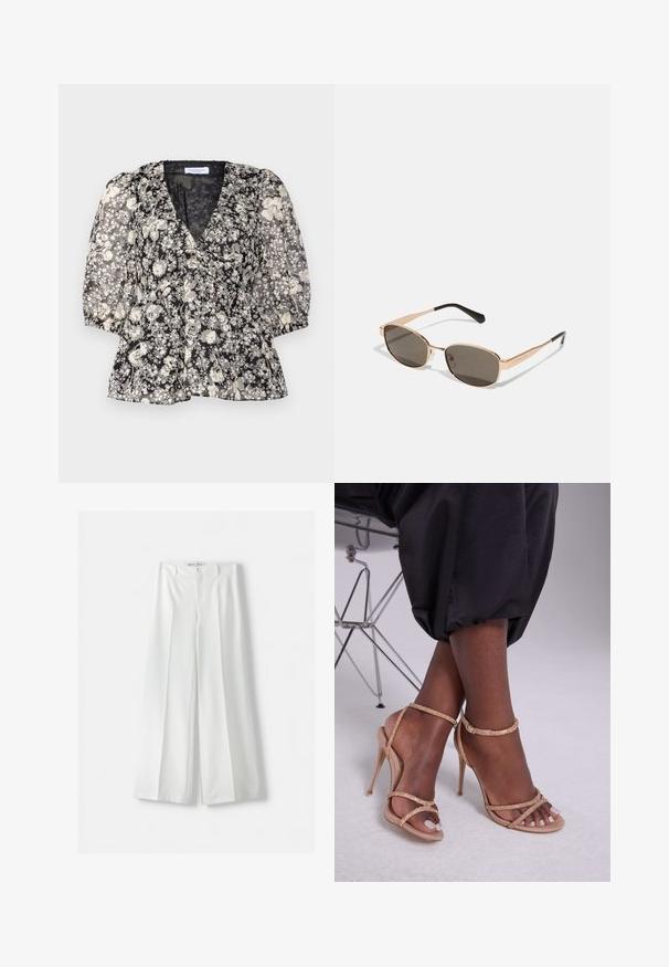 Hofmann Copenhagen FLORA  - Blúzka - black; Bershka WIDE-LEG TAILORED - Nohavice - white; Béžové sandále na opätku s kryštálovými ozdobami, s otvorenou špičkou, tenkými popruhmi a elegantným siluetou.; Obdĺžnikové slnečné okuliare s zlatým kovovým rámom a tmavými sklíčkami. Doplniteľné štíhlymi čiernymi ramenami, ktoré preukazujú minimallistický dizajn.; Michael Kors zápästná taška v béžovej potiahnutej plátenej tkanine s opakujúcim sa vzorom loga MK, zlatým kovania a odnímateľným reťazovým popruhom.; Náramky z kovu v zlatej farbe s prepleteným dizajnom; hladký, leštený povrch; flexibilný tvar vhodný pre rôzne veľkosti zápästí.