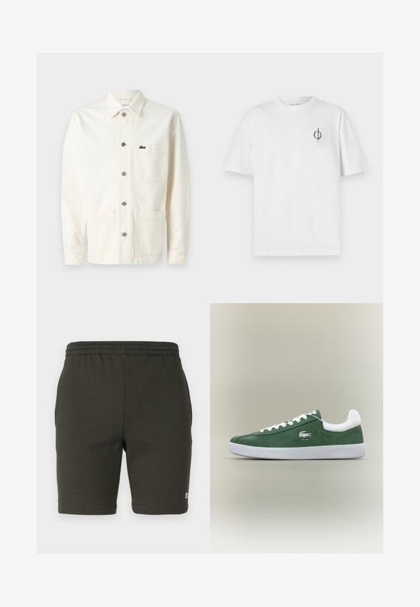Kremfarget jakke laget av lerret med knappestolpe foran, to store lommer foran, og en liten grønn brodert logo på brystet.; Hvit bomull t-skjorte med avslappet passform, med en liten svart grafisk logo på venstre brystområde. Korte ermer, rund hals.; Mørkegrønne shorts med elastisk midje laget av myk stoff. Har en rett passform, oppbrettede ben, og en liten logo på nedre høyre side.; Lavprofilert grønn semsket sneaker med hvite snøring, hvit såle, polstret hælkant og brodert krokodillelogo med "EST. 1933" tekst.