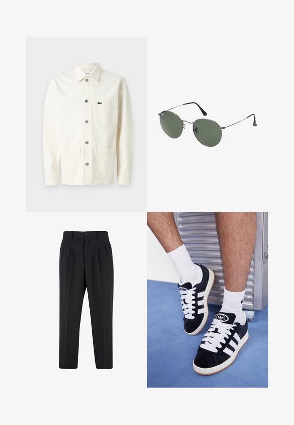 Creme-kleurige jas van canvas met een knoopsluiting aan de voorkant, twee grote voorzakken en een klein groen geborduurd logo op de borst.; Witte katoenen t-shirt met korte mouwen, ronde hals en een relaxed fit. Gladde textuur zonder zichtbare patronen of accenten.; Zwarte broek met een geplooid design aan de voorkant, gemaakt van soepel stof. Voorzien van een knoopsluiting en riemlussen; rechte pasvorm.; Zwarte suède sneakers met witte veters en drie witte strepen. Heeft een cirkelvormig zwart logo op de tong en een gumrubberen zool.; Metalen zonnebril met ovale groene lenzen. Dunne zilveren metalen rand en zwarte oorstoppers. Minimalistisch ontwerp, zonder zichtbare logo's.