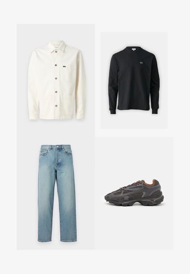 Chaqueta de color crema hecha de lienzo con cierre de botones en el frente, dos grandes bolsillos frontales y un pequeño logo verde bordado en el pecho.; Camiseta de manga larga negra de algodón, con escote redondo y un pequeño logo de cocodrilo bordado en verde en el lado izquierdo del pecho.; Jeans de mezclilla azul claro con un corte amplio, piernas rectas, diseño de cinco bolsillos y cierre de botón en la cintura. Detalle de costura minimalista.; Zapatillas Lacoste en gris oscuro con material de malla y sintético, que cuentan con una suela texturizada y detalles en marrón en el cuello y la marca.