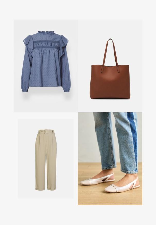 Mėlyna džinsinio audinio bluzoną su raukšlėtu kaklu ir pečiais, turinti tekstūrinį tašką ir susiraukšlino detalės prie pečių ir rankovių.; Šviesiai rudos, aukštai dvigubos kelnės su plačiais džinsais, su raukšlėmis, suderinta diržu su stačiakampiu sagtimi ir apvyniotais kraštais.; Šviesiai rožiniai slingback baleto bateliai su smailiu pirštu, pagaminti iš lygios odai panašios medžiagos. Yra išpjovimų detalės šonuose ir plokščias kulnas.; Ruda odinė priekabų krepšys su glotnia tekstūra, atviru viršumi ir dviem petnešomis. Su minimalia siuvimo detalėmis ir nematoma aparatūra.