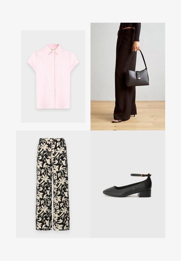 Short-sleeved blouse in light pink with white vertical stripes, structured collar, button front, and a relaxed fit. Smooth cotton fabric.; Black wide-leg pants with a cream floral pattern. Made of lightweight fabric, featuring a smooth texture and a high waistband.; Black leather pump with a pointed toe and a low block heel. Features an ankle strap with a gold-tone buckle. Smooth texture.; Black handbag with structured shape, smooth texture, and a metallic clasp. Paired with wide black pants and open-toe sandals on wooden floor.