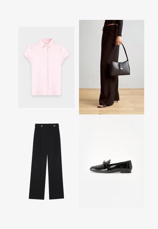 Blusa de manga curta em rosa claro com riscas verticais brancas, gola estruturada, frente com botões e um corte descontraído. Tecido de algodão suave.; Calças largas pretas com cintura alta, detalhes em botão na cintura e pregas frontais.; Mocassim em cabedal preto brilhante com sola plana, bico arredondado e uma faixa decorativa com um detalhe em tom dourado. Acabamento liso e cintilante.; Bolsa preta com forma estruturada, textura suave e um fecho metálico. Combinada com calças largas pretas e sandálias de salto aberto sobre um chão de madeira.