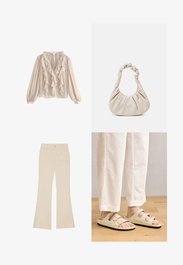 Helebeige pluus pikade puffvarrukatega, voltidega V-kaelusega, tekstureeritud kangast ja vertikaalsete triipudega mustriga.; Kreemjad flared püksid kõrge vöökoht ega, valmistatud puuvillast. Omavad ees- ja tagap pockets, vöö loops ja ühte hõbedast nuppu.; Heledad hallid beezilises toonis, millel on kolm reguleeritavat rihma metallist pandliga, pehme jalatsisisustus ja must kummitald.; Beež faux nahast käekott, millel on r gathered käepide, volditud keha ja pehme tekstuur. Kompaktne ja ümar kuju, mõeldud kandmiseks käes või käe all.