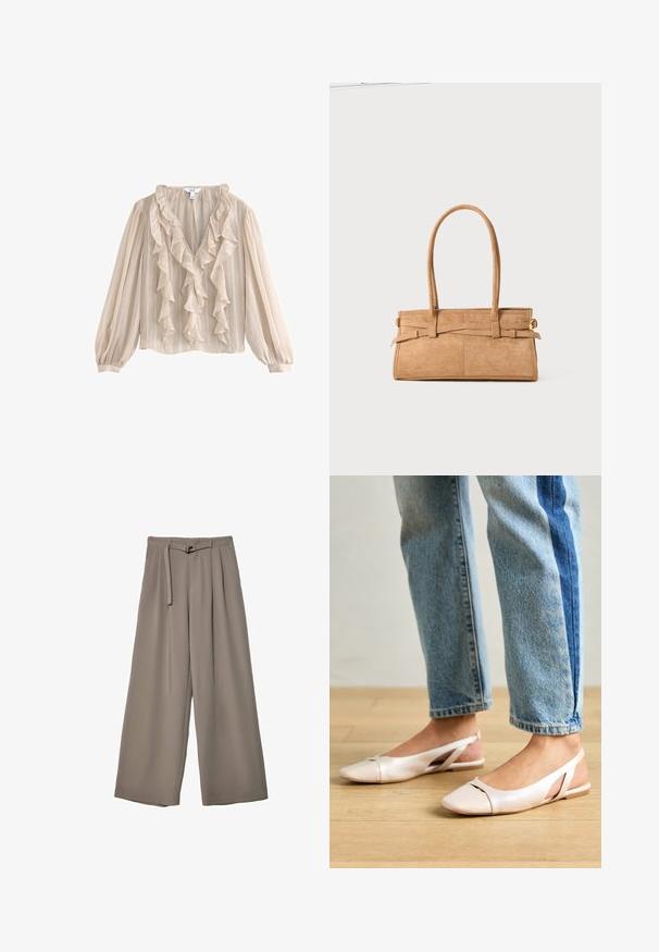 Helles beige Bluse mit langen Puffärmeln, gerüschtem V-Ausschnitt, strukturiertem Stoff und vertikalem Streifenmuster.; Weite Hose aus einem weichen, gedämpften grauen Stoff, mit einem taillierten Bund und Falten für zusätzliche Design-Details. Glatte Textur, keine Muster.; Blassrosa Slingback-Ballerinas mit spitzem Punkt, aus einem glatten, lederähnlichen Material. Mit Ausschnitten an den Seiten und einem flachen Absatz.; Tasche aus braunem Wildleder mit zwei langen Griffen, rechteckiger Form und dekorativer Naht. Verfügt über einen seitlichen Riemen und subtile goldene Hardwareakzente.