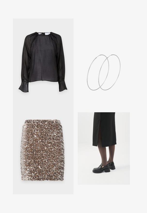 Juoda bliuska su ilgomis permatomomis rankovėmis, minkšta tekstūra, laisvas kirpimas, apvalus iškirpimas ir išplatinti rankogaliai, pasižyminti subtiliu blizgesiu ir minimalistiniu dizainu.; Ruda mini sijonas su blizgučiais, prigludusio dizaino, padengtas atspindinčiais sidabro blizgučiais, sukuriantis tekstūrinį, blizgantį efektą.; Juodos odinės bateliai su apvaliu nosiu, stora blokine pakulne ir elastingais šonais, derinami su tamsiomis pėdkelnėmis ir juoda sijonu su plyšiu.; Sidabrinės pusmėnulio auskarai minimalistiniu dizainu. Apskritimo forma, lygus paviršius ir plonas profilis. Lengvi su poliruotu apdailu.