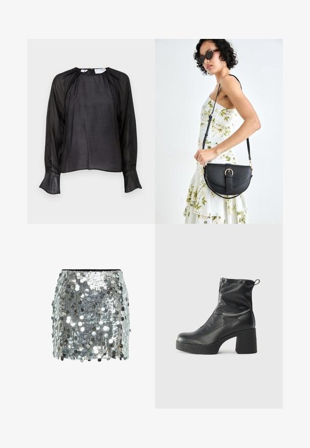 Juoda bliuska su ilgomis permatomomis rankovėmis, minkšta tekstūra, laisvas kirpimas, apvalus iškirpimas ir išplatinti rankogaliai, pasižyminti subtiliu blizgesiu ir minimalistiniu dizainu.; Sidabrinė blizgučiais siuvinėta mini sijonas su prigludusia forma, turintis lygų juodą juosmens diržą ir blizgančius apvalius blizgučius, atspindinčius šviesą visame paviršiuje.; Juodos kulkšninių botai, pagaminti iš lygaus odos, su šoniniu užtrauktuku, masyviu tekstūruotu kulnu ir apvaliu pirštu.; Juodas odinis krepšys su išlenkta forma, nuimamu dirželiu ir auksiniais detalėmis. Krepšys turi kilpą su sagtimi.