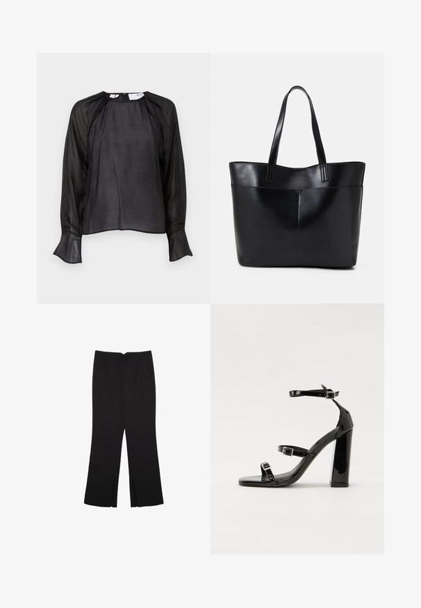 Crna bluzica s dugim prozračnim rukavima, mekog tekstila, slobodnog kroja, okruglog izreza i raskošnim manžetama, s blagim sjajem i minimalističkim dizajnom.; Crne hlače ravnog kroja, s prednjim džepovima i bočnim prorezima na rubu. Izrađene od mekog i glatkog materijala. Pogodne za razne prigode.; Crne lakirane sandale na visoku petu s dva remena s kopčama, kvadratnim vrhom i masivnom blok petom, s glatkom, sjajnom teksturom.; Crna kožna torba s dugim ručkama, glatkom teksturom i strukturiranim oblikom. Ima prednju džep za dodatno pohranu.