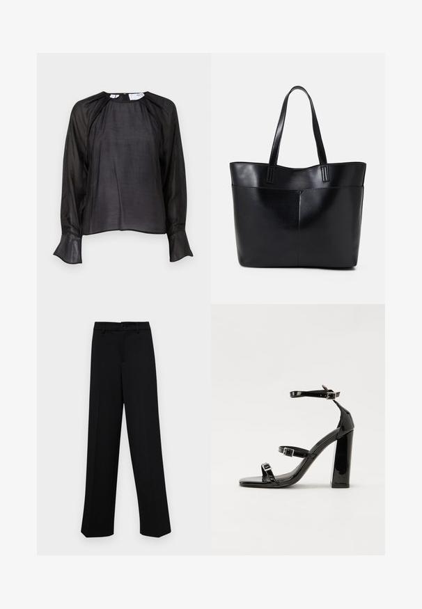 Black blouse with long sheer sleeves, soft texture, loose fit, round neckline, and flared cuffs, featuring subtle sheen and minimal design.; Black wide-leg trousers made of smooth fabric, featuring a classic waistband with a button closure and front pleats.; Black patent high-heeled sandals with two buckle straps, square toe, and a chunky block heel, featuring a smooth, glossy texture.; Black leather tote bag with two long handles, a smooth texture, and a structured shape. Features a front pocket for additional storage.