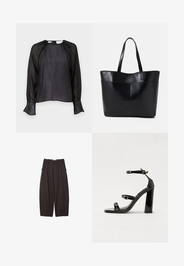 Schwarz Bluse mit langen, durchsichtigen Ärmeln, weichem Material, lockerer Passform, runder Ausschnitt und ausgestellten Manschetten, die einen subtilen Glanz und ein minimalistisches Design aufweist.; Schwarze weit geschnittene Hosen aus einem glatten Stoff, mit hoher Taille, Frontfalten und Seitentaschen. Schlichtes Design ohne Verzierungen.; Schwarze Lackleder-Sandalen mit hohen Absätzen, zwei Riemen mit Schnallen, quadratischer Zehenpartie und klobigem Blockabsatz, mit einer glatten, glänzenden Textur.; Schwarze Leder-Shopper-Tasche mit zwei langen Griffen, einer glatten Textur und einer strukturierten Form. Verfügt über eine Vordertasche für zusätzlichen Stauraum.