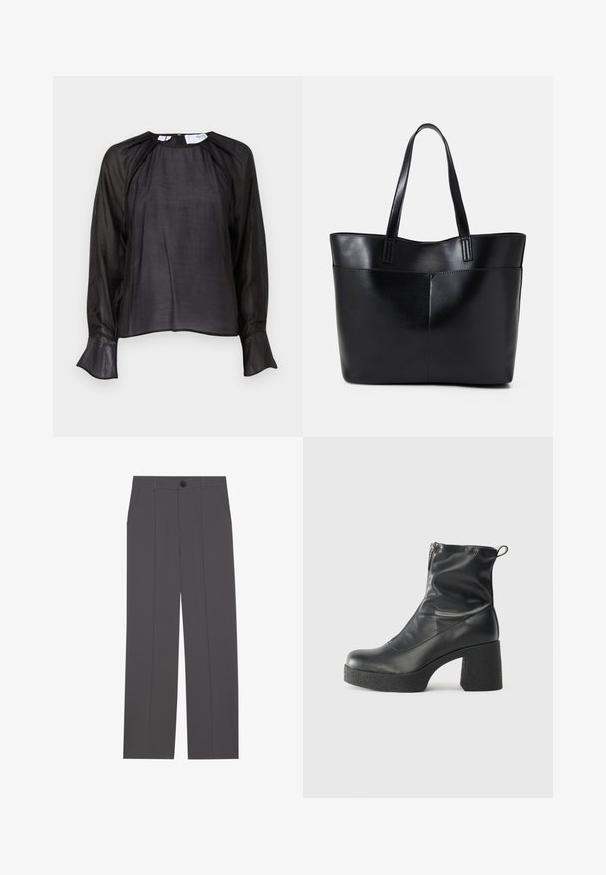 Mustmust särk pikkade poolläbipaistvate varrukatega, pehme tekstuur, lahtine lõige, ümmargune kaelus ja flared mansetid, millel on peen sära ja minimaalne disain.; Hallid hallid püksid otse jala lõikega, millel on kaks küljetaskut ja nööbisahtel. Sile kangas ilma nähtavate mustrite või aktsentideta.; Mustad mustad ansapüksid, mis on valmistatud siledast nahast, külje zipperiga, paksu tekstuuriga kontsaga ja ümmarguse nina disainiga.; Must mustaga musta nahast, millel on kaks pikka kanda, sile tekstuur ja struktureeritud kuju. Esipoolsel on lisakoti jaoks tasku.