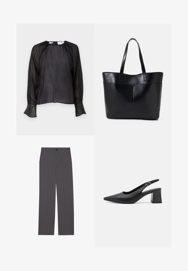 Črna bluzica z dolgimi prosojnimi rokavi, mehko teksturo, ohlapnim krojem, okroglim ovratnikom in razširjenimi manšetami, ki ima subtilen sijaj in minimalističen dizajn.; Sive hlače s ravnim krojem, ki imajo dve stranski žep in gumbasto zapiranje. Gladek material brez vidnih vzorcev ali poudarkov.; Črne usnjene čevlje s peto s črnim vrhom in maso bloka. Ima prilagodljiv trak z kovinsko sponko.; Črna usnjena torba z dvema dolgima ročajema, gladko teksturo in strukturirano obliko. Ima sprednji žep za dodatno shranjevanje.