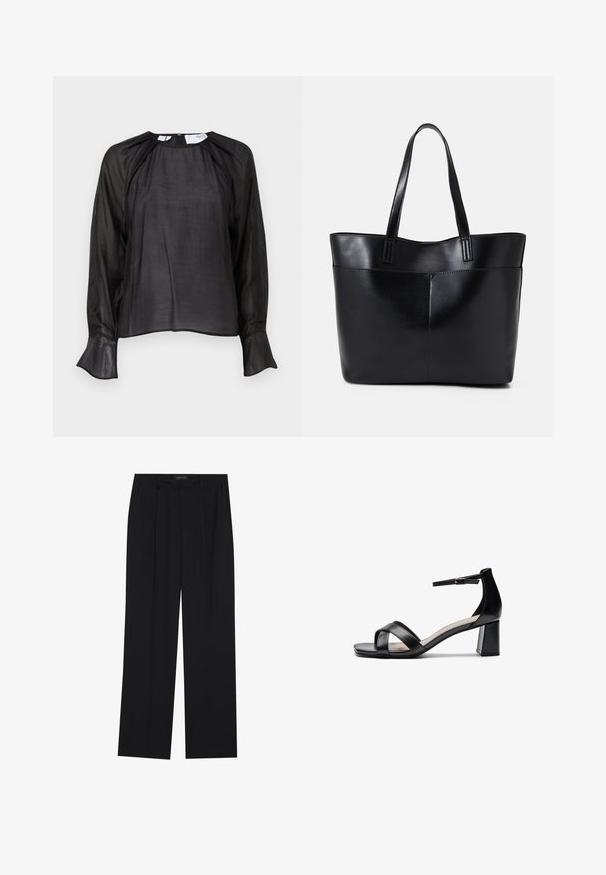 Black blouse with long sheer sleeves, soft texture, loose fit, round neckline, and flared cuffs, featuring subtle sheen and minimal design.; Black trousers with a straight-leg design, featuring two front pockets and a waistband. Made from a smooth, lightweight fabric.; Black open-toe heeled sandal with crossed straps, adjustable ankle strap, and a chunky heel, featuring a smooth leather texture.; Black leather tote bag with two long handles, a smooth texture, and a structured shape. Features a front pocket for additional storage.