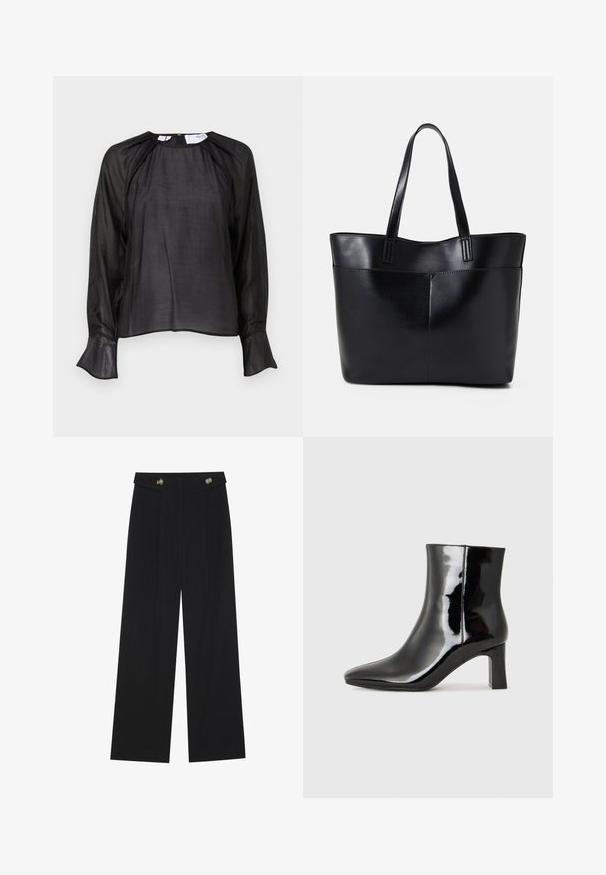 Black blouse with long sheer sleeves, soft texture, loose fit, round neckline, and flared cuffs, featuring subtle sheen and minimal design.; Black wide-leg trousers with high waist, button details on waistband, and front pleats.; Black patent leather ankle boot with a pointed toe and a mid-height block heel. Smooth texture and minimalist design.; Black leather tote bag with two long handles, a smooth texture, and a structured shape. Features a front pocket for additional storage.