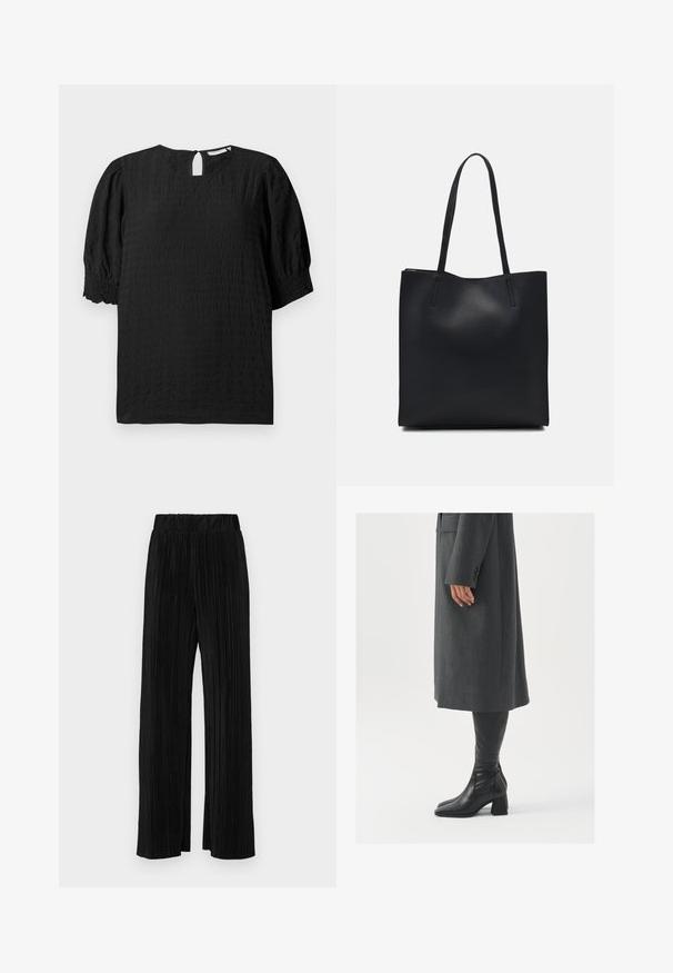 Blusa preta texturizada com decote redondo, mangas curtas bufantes e fecho em forma de gota nas costas. Apresenta um padrão de grelha subtil em toda a peça.; Calças pregueadas pretas com uma cintura elástica. Apresentam pernas largas e um tecido liso, texturizado com riscas verticais.; Casaco cinza, ajustado, com corte reto; combinado com botas de couro pretas até ao joelho, com biqueira quadrada e salto grosso.; Bolsa tote preta em couro com textura lisa, forma retangular e duas alças longas. Sem hardware ou enfeites visíveis.