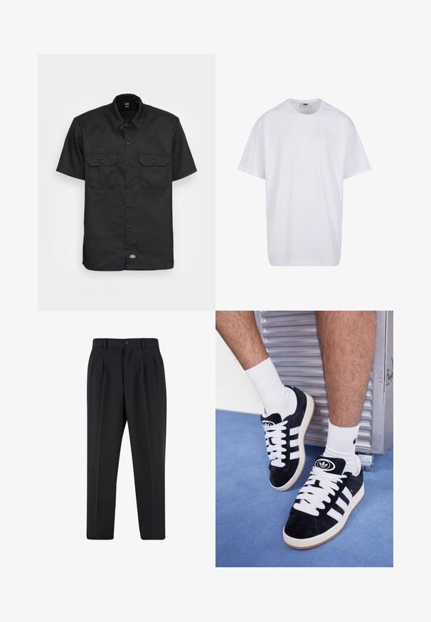 Korte mouwen zwarte shirt van gladde stof; heeft twee borstzakken met klep, knoopsluiting en een klassieke kraag.; Witte katoenen t-shirt met korte mouwen, ronde hals, relaxte pasvorm en zonder zichtbare logo's of patronen. Gladde textuur en minimalistisch ontwerp.; Zwarte broek met een geplooid design aan de voorkant, gemaakt van soepel stof. Voorzien van een knoopsluiting en riemlussen; rechte pasvorm.; Zwarte suède sneakers met witte veters en drie witte strepen. Heeft een cirkelvormig zwart logo op de tong en een gumrubberen zool.