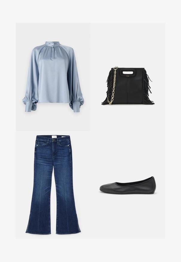 Lyseblå bluse med høy krage, lange raglanermet med rynkete mansjetter og en glatt, satinvillig tekstur.; Mørkeblå flagrende jeans laget av denim. Har høy midje, frontlommer og splittdetaljer ved kanten. Klassisk femlommers design.; Svart skinnballettflatt med rund tå, glatt tekstur, minimal sømdetalj, og et fleksibelt såledesign.; Svart læderhåndtaske med frynsedetaljer, guldkæde skulderrem og udskåret håndtag. Har logo placeret på forsiden.
