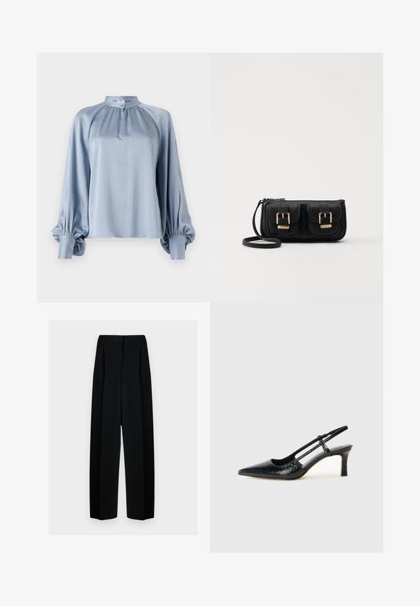 Világoskék blúz, magas gallérral, hosszú raglán ujjakkal, amelyeknél rakott mandzsetta található, és sima, selyemhez hasonló textúrával.; Fekete, széles szárú nadrág magas derékkal, redők és sima textúra jellemzi. Az anyag könnyűnek tűnik és elegánsan hullámzik.; Fekete lakk slingback sarok, hegyes orral, texturált kígyómintával, állítható pánttal és rövid, texturált tömbsarkal.; Fekete bőr keresztbody táska két elülső zsebbel, arany csattokkal, cipzáras záródással és vékony pánttal. Textúrált felület és kompakt téglalap alak.