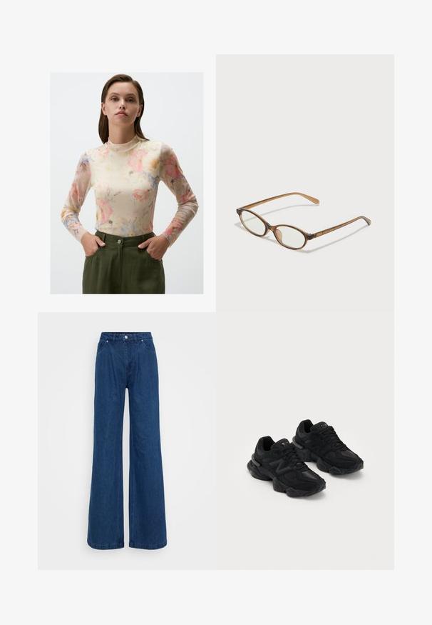 Kwiatowa bluzka z długim rękawem z przezroczystego materiału. Miękkie pastelowe kolory z różowymi, niebieskimi i żółtymi kwiatami. Wysoka stójka z dopasowanym krojem i gładką teksturą.; Niebieskie dżinsy o szerokich nogawkach z wysokim stanem, z przodu na guzik i zamek błyskawiczny, oraz kieszeniami z przodu i z tyłu na jednolitym tle.; Czarne sportowe buty z teksturowaną cholewką, z wyraźnym logo "N", amortyzowaną podeszwą i smukłą, nowoczesną sylwetką.; Brązowe okulary w motyle z owalnymi soczewkami, cienkimi ramionami i przezroczystymi akcentami. Posiadają subtelne logo na zauszniku. Smukły, lekki design.