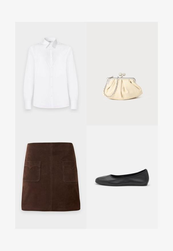 Biela košeľa s dlhými rukávmi vyrobená z hladkej látky, s golierom a predným zapínaním na svetloružové gombíky.; Hnedá semišová sukňa s klasickým A-silhouette, dvoma prednými vreckami so zaoblenými klapkami a jemnými detailmi prešitia.; Čierne kožené baleríny s okrúhlou špičkou, hladkým povrchom, minimálnym prešívaním a flexibilným dizajnom podrážky.; Zhlý béžový kožený klobúk so strieborným kovovým rámom, ktorý má dve okrúhle dekoratívne zámky a strieborný reťazový popruh.
