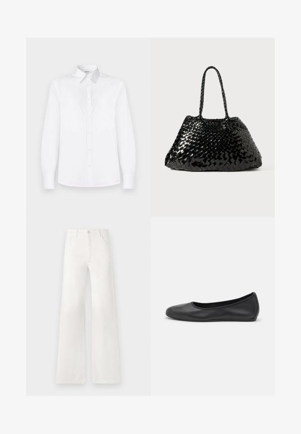 Valge pikakäigeline särk, mis on valmistatud siledast kangast, millel on krae ning ees on väikeste roosade nuppudega nööpidega kinnitamine.; Valged, kõrge vöökohaga laiad teksad, mis on valmistatud denimist. Omab nupuga sulgemist, kahte esimest taskut ja külgede õmbluste detailseid õmblusi.; Musthave mustika tantsutossud mustast nahast, ümmarguse varbaga, siledast tekstuurist, minimaalse õmblusdetailiga ja paindliku tallakujundusega.; Mustmust mustkott, millel on läikiv viimistlus. Omab kahte punutud sangaga ja ruumikat kolmnurkset kuju. Tekstuuriga kudumise muster kogu ulatuses.