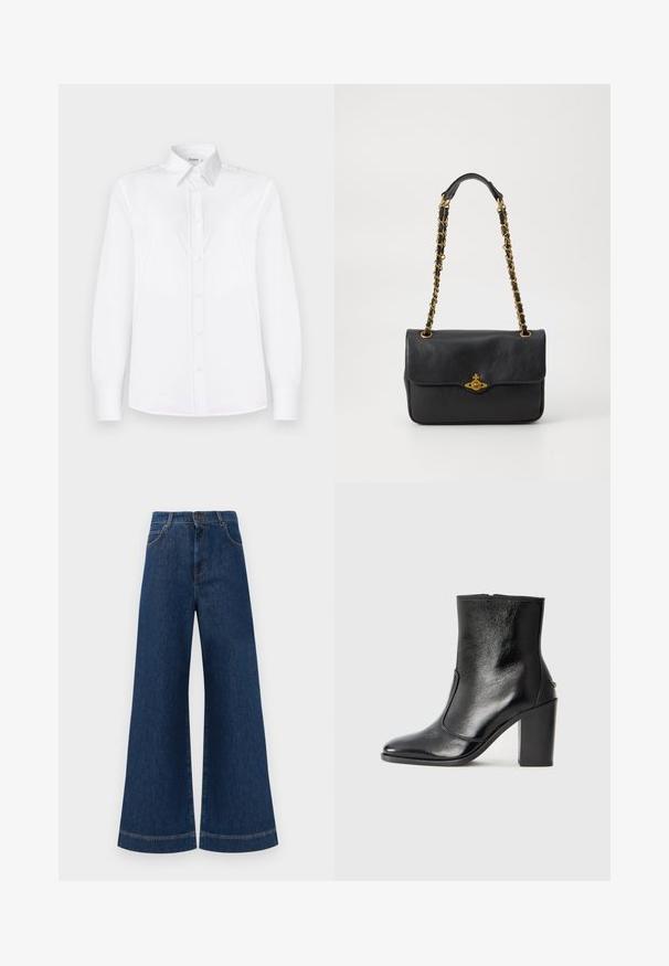 Camicia bianca a maniche lunghe realizzata in tessuto morbido, con colletto e apertura con bottoni di un delicato rosa.; Jeans in denim blu a gamba larga con vita alta, dotati di chiusura a bottone, passanti per cintura e dettagli di cucitura sottili lungo le tasche e i orli.; Stivale alla caviglia in pelle nera, con una superficie liscia, punta affilata e tacco alto e massiccio. Presenta una apertura laterale e un design minimalista.; Borsa a tracolla nera in pelle con pattina pieghevole, tracolla in catena dorata e dettaglio con logo sul davanti. Texture liscia.