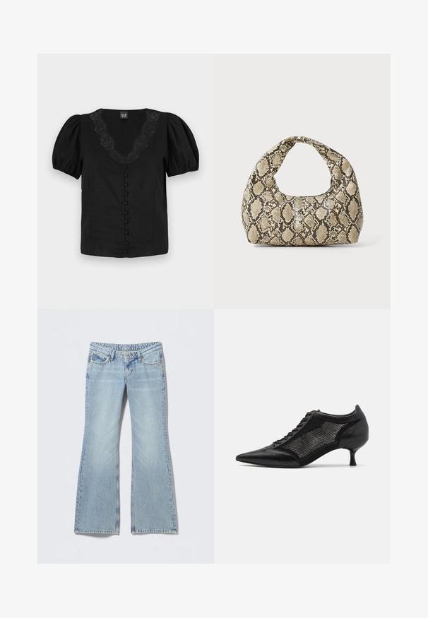 Blusa preta com mangas bufantes, decote em V com detalhamento em renda e botões frontais forrados. Feita em tecido leve, com textura suave.; Calças jeans azul-claro estilo flare com acabamento desbotado, design de cinco bolsos e costura contrastante. Denim de algodão com textura suave.; Shoe preto de bico fino com um design de painel em malha, apresentando um salto baixo e amarração na parte da frente. Feito de uma combinação de couro e material de malha.; Bolsa com padrão de pele de cobra e uma alça curva. Feita de materiais texturizados em bege e castanho, apresentando um padrão de diamante distintivo.