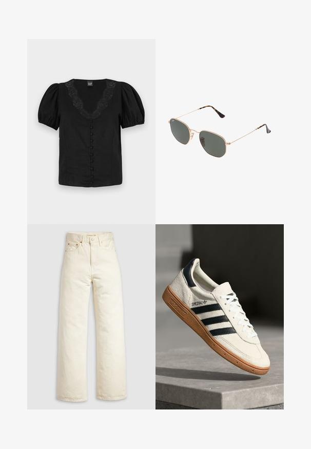 Black blouse with puff sleeves, V-neckline featuring lace detail, and lined front buttons. Made from lightweight fabric, smooth texture.; Wide-leg jeans in off-white denim, featuring a high waist, copper rivets, and classic five-pocket design. Textured fabric with clean hems.; White suede sneaker with navy stripes, rubber gum sole, textured upper, round toe, and lacing; features branding on the side and tongue.; Gold metal-frame sunglasses with dark green lenses, aviator style, featuring slim arms and tortoiseshell accents on the tips.; Black quilted faux leather bag with a chain strap, featuring a hexagonal pattern and a decorative wing detail on the front.