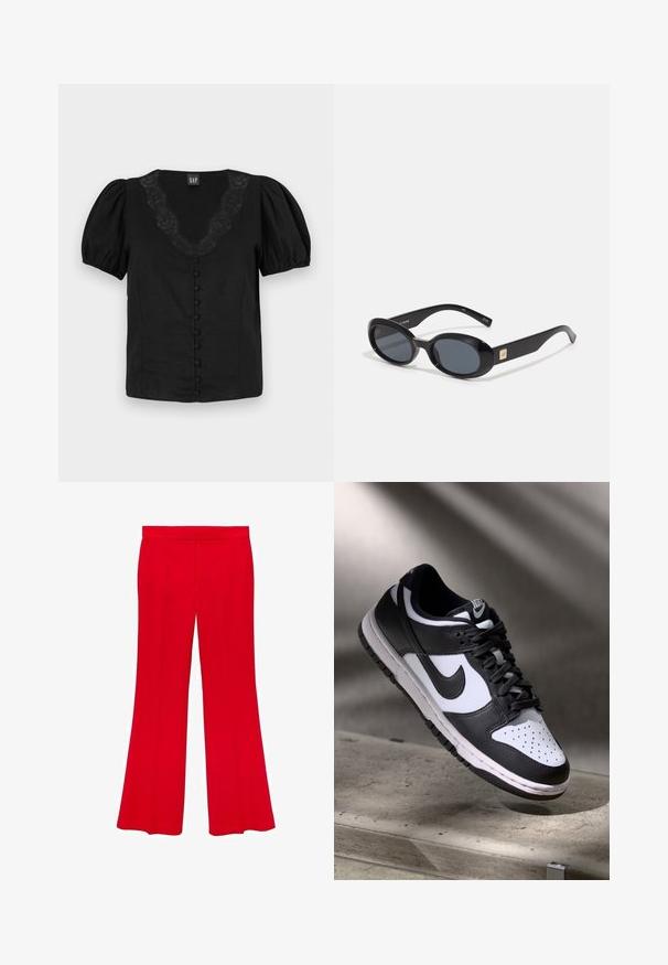 Blusa nera con maniche a palloncino, scollatura a V con dettagli in pizzo e bottoni frontali foderati. Realizzata in tessuto leggero, di consistenza liscia.; Pantaloni svasati rossi realizzati in un tessuto morbido, con una vita alta e due tasche anteriori. Il design presenta linee pulite e una vestibilità su misura.; Sneaker Nike Dunk Low in bianco e nero con tomaia in pelle, punta perforata e lacci neri, caratterizzata da una suola bianca e dettagli del logo.; Occhiali da sole ovali neri con lenti scure, montatura in plastica lucida, aste larghe e un piccolo accent in oro su un lato.; Clutch bag in pelle nera con tracolla a catena argentata, caratterizzato da un emblema alato sul davanti, texture liscia e chiusura con zip alla base.