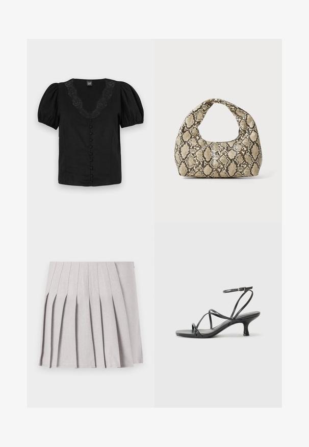 Blusa preta com mangas bufantes, decote em V com detalhamento em renda e botões frontais forrados. Feita em tecido leve, com textura suave.; Saia cinza plissada com uma textura suave, apresentando múltiplos pregas verticais e uma cintura ajustada. Feita de tecido leve.; Sandálias pretas de salto alto com tiras finas, design aberto na ponta e um pequeno salto largo. O material parece suave e brilhante.; Bolsa com padrão de pele de cobra e uma alça curva. Feita de materiais texturizados em bege e castanho, apresentando um padrão de diamante distintivo.